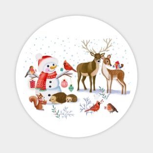 Winter forest animals with snowman Magnet